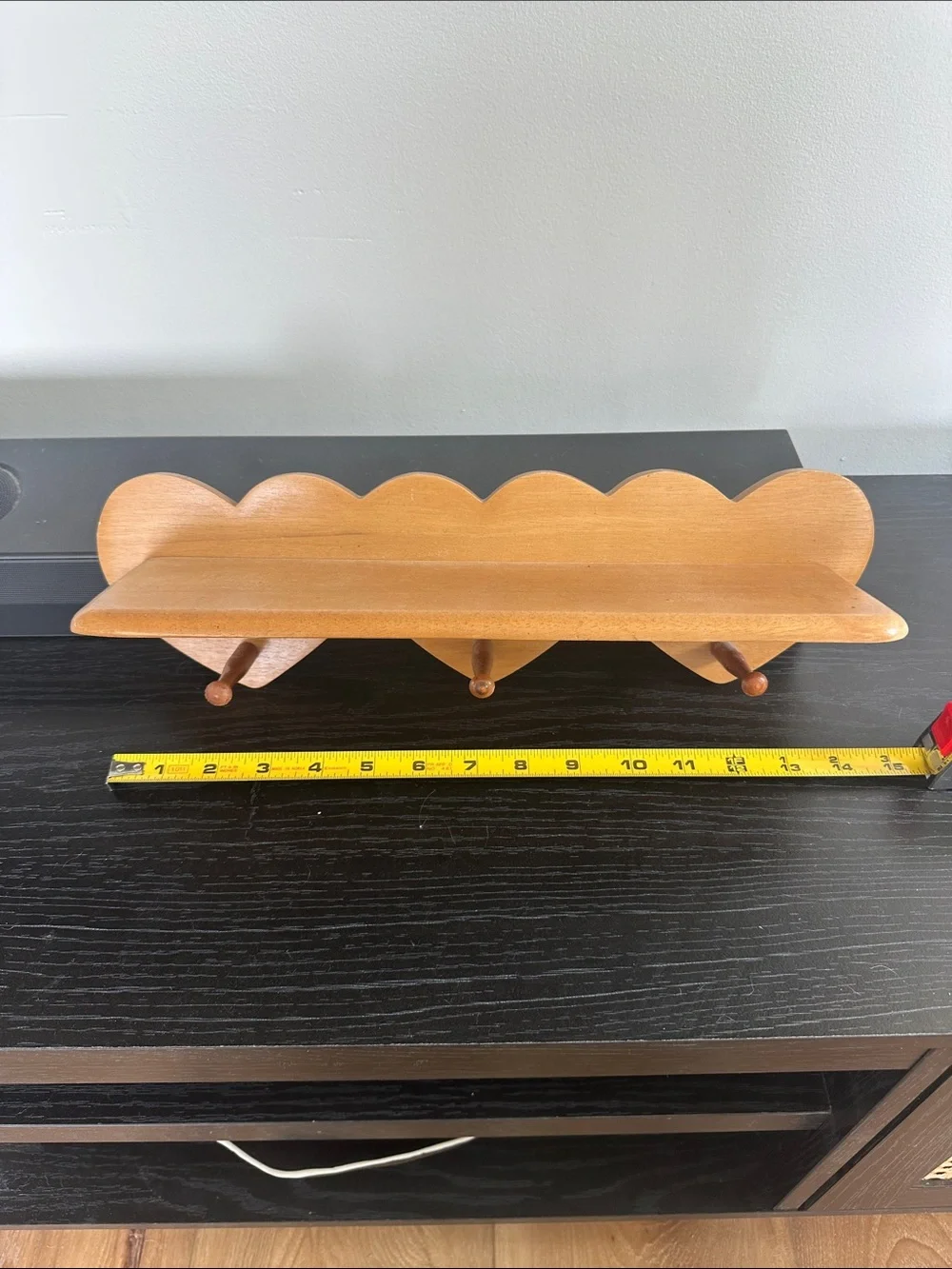 Vintage 1980s Wooden Heart Wall Shelf with Pegs - 15” Country Farmhouse
